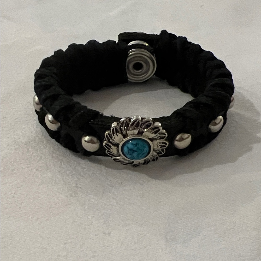 Black and Silver Bracelet with Turquoise Accent